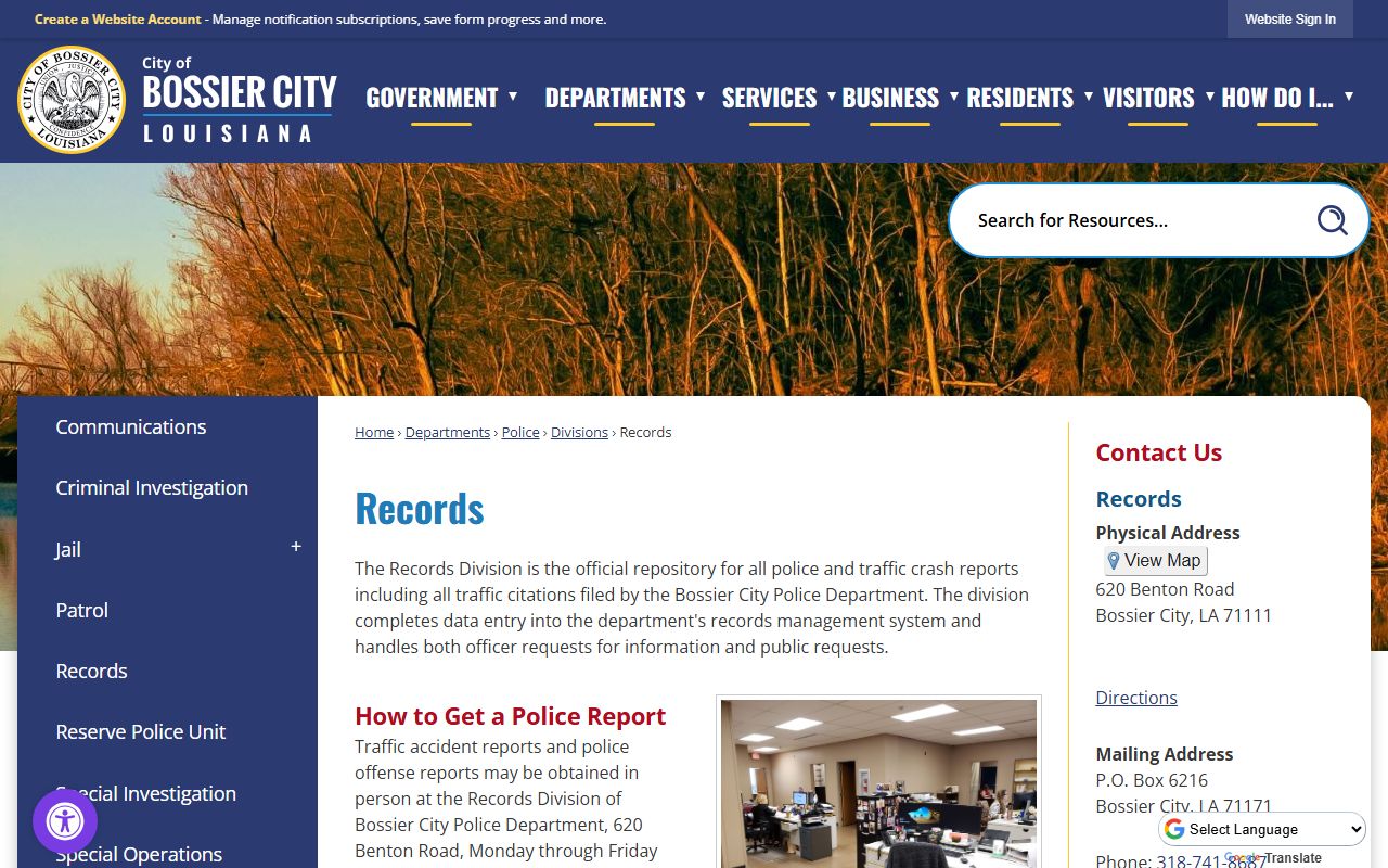 Bossier City police records division white pages search