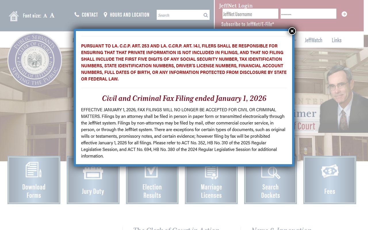 Jefferson Parish Clerk of Court white pages JeffNet search for Kenner