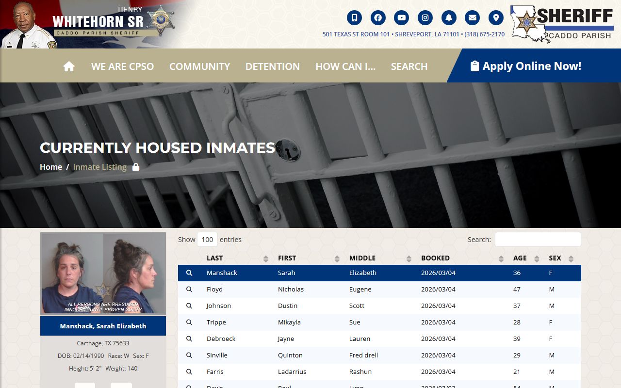 Caddo Parish Sheriff inmate lookup tool for white pages research
