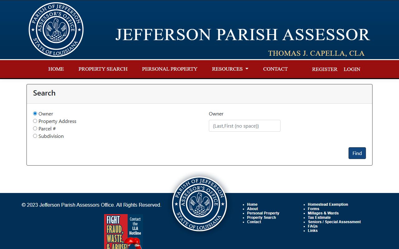 Jefferson Parish Assessor property search for white pages address lookups