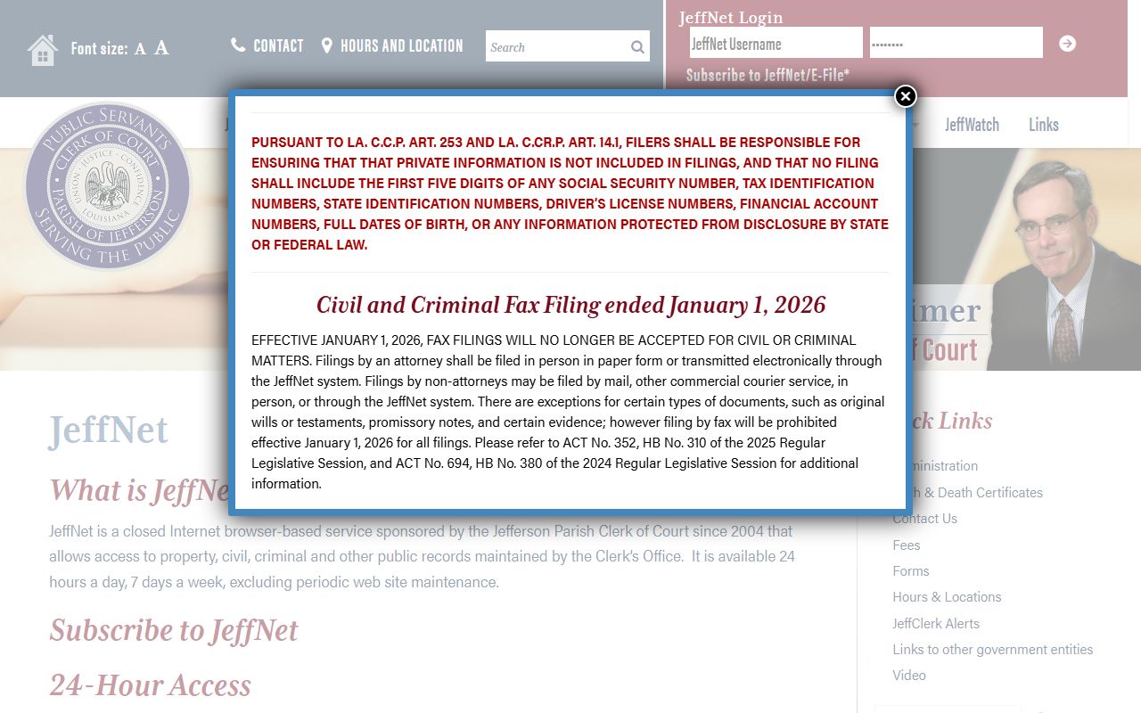 JeffNet portal login page for Jefferson Parish white pages searches