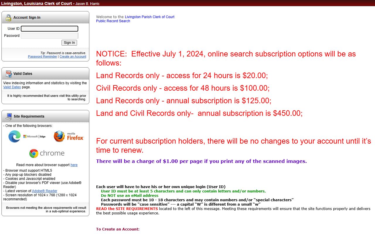 Livingston Parish eSearch portal for white pages court record searches