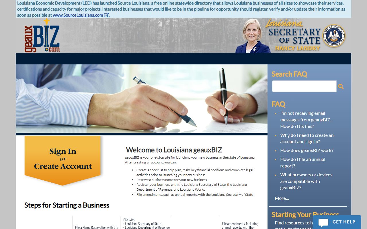 Louisiana geauxBIZ portal for business registration and white pages searches
