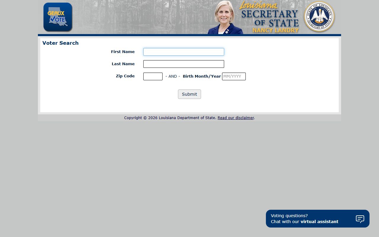 Louisiana Voter Portal search page for white pages people lookup